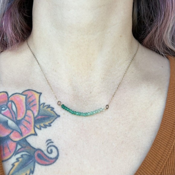Ombre Emerald Beaded Curved Bar Gold Fill Necklace and Bracelet Set May Birthday - Picture 10 of 16